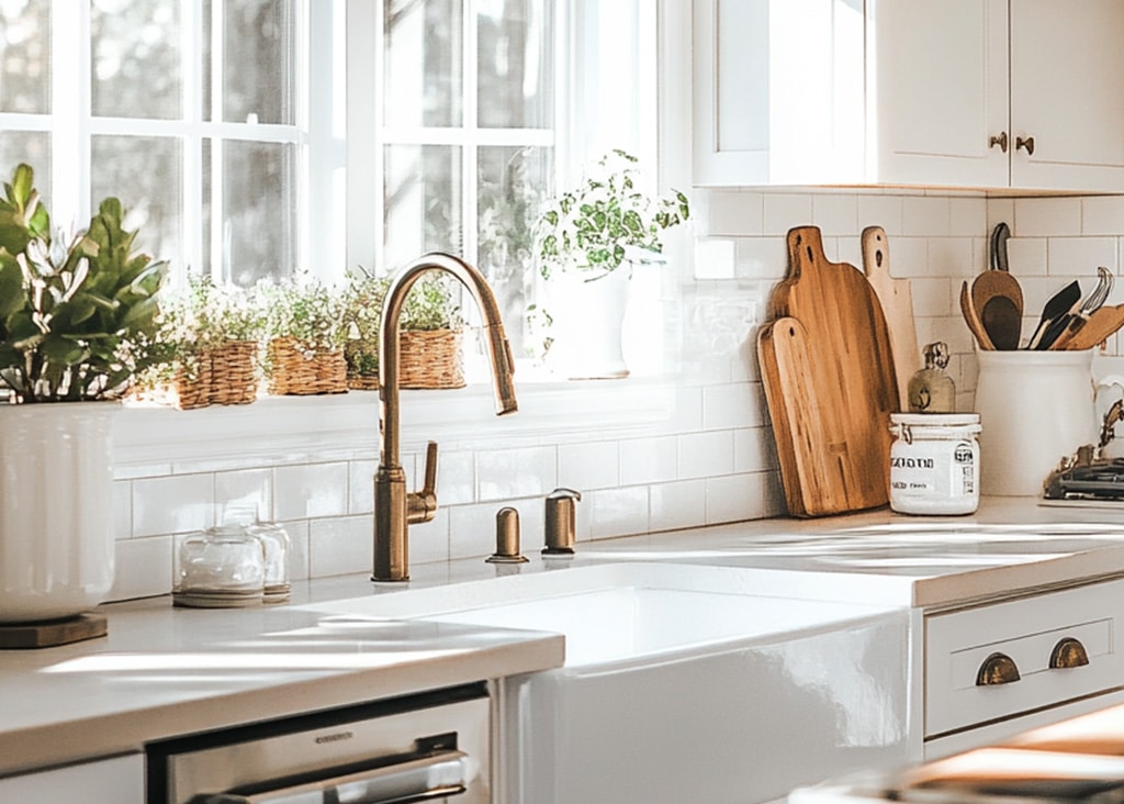 Bright, clean, white kitchen with bronze finishings.