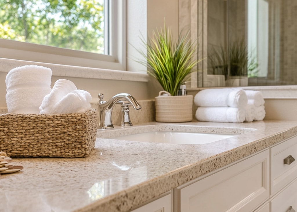 Decorative bathroom elements with natural light.