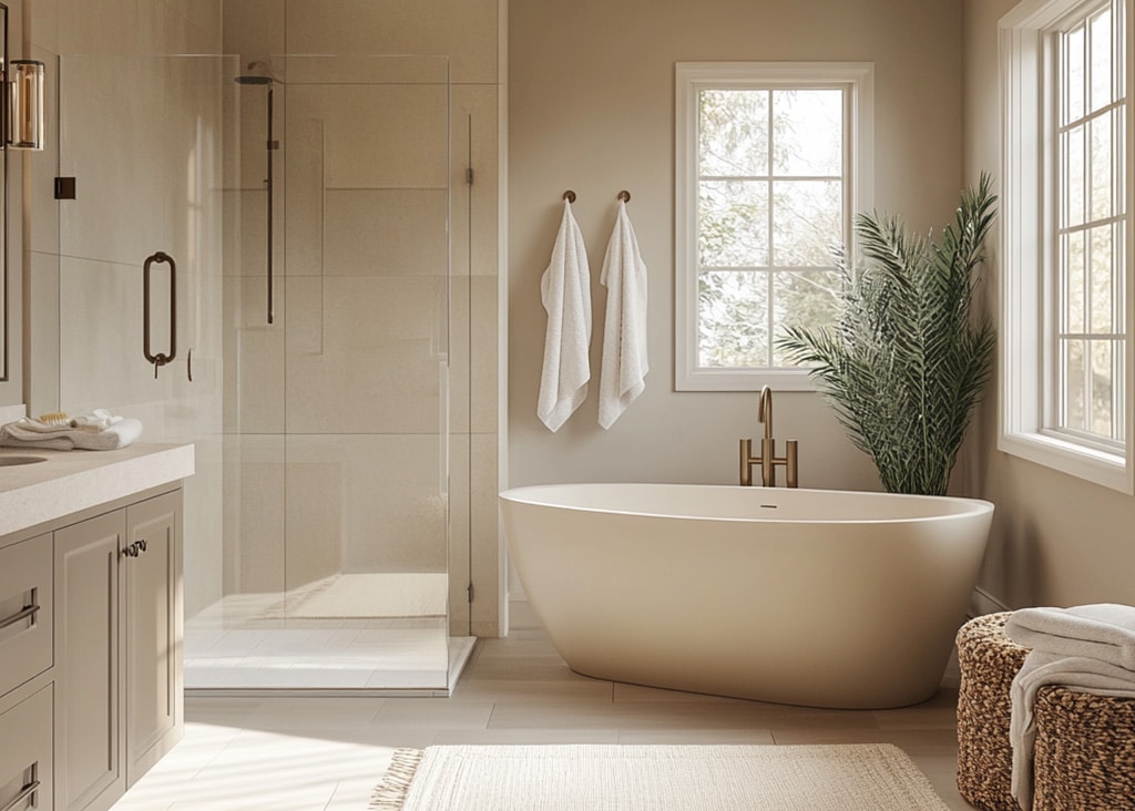 Bath remodeling inspiration with bathtub, standup shower, and bright light.