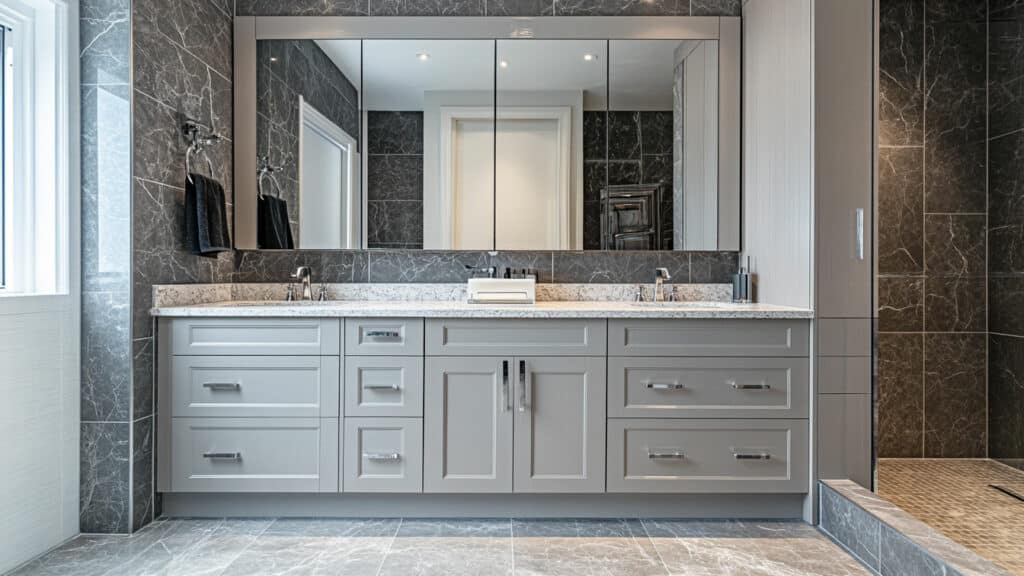 Bath remodeling trends, Beautiful, bright bathroom with big walk-in shower and double vanity. 