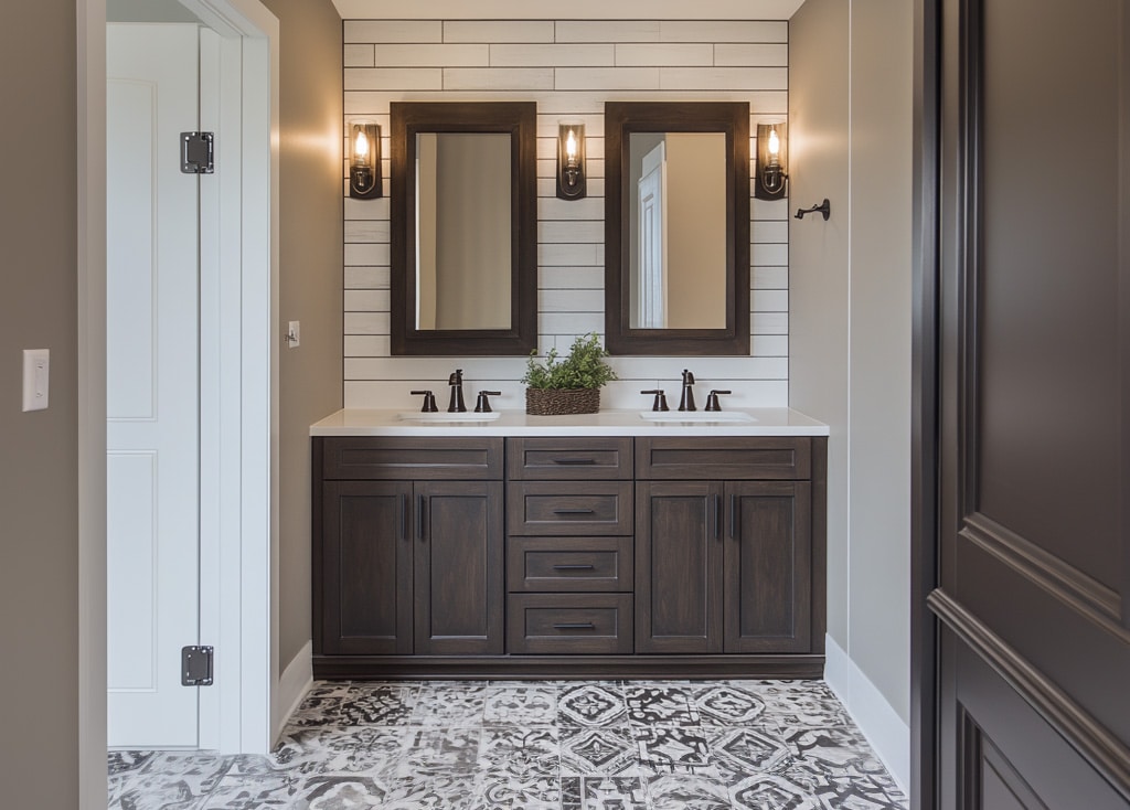 A modern, farmhouse style bathroom. Accent shiplap wall with double vanity. 