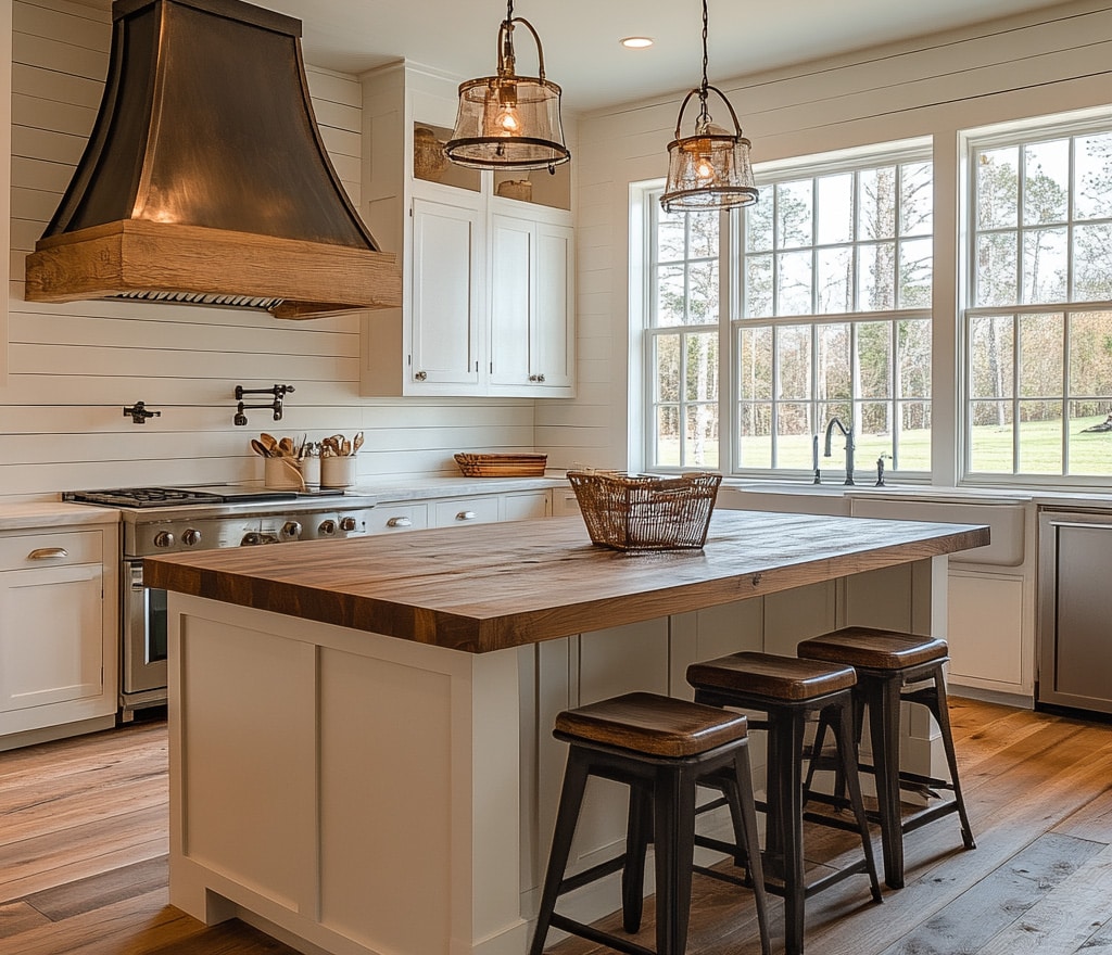 Beautiful farmhouse kitchen with big windows, wood and granite countertops, wide plank wood floor and stainless steel applliances.