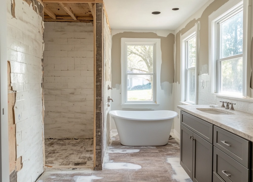 A beautiful bathroom going through the remodeling process. Walk-in shower, deep tub, double vanity sink.