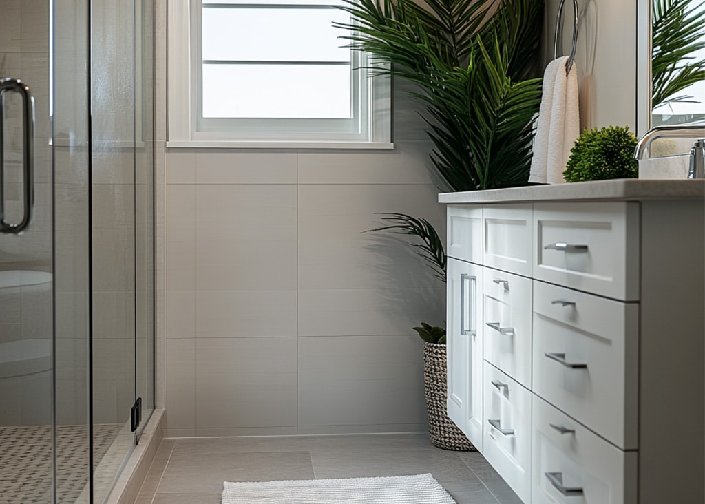 Clean bathroom with large glass shower door.