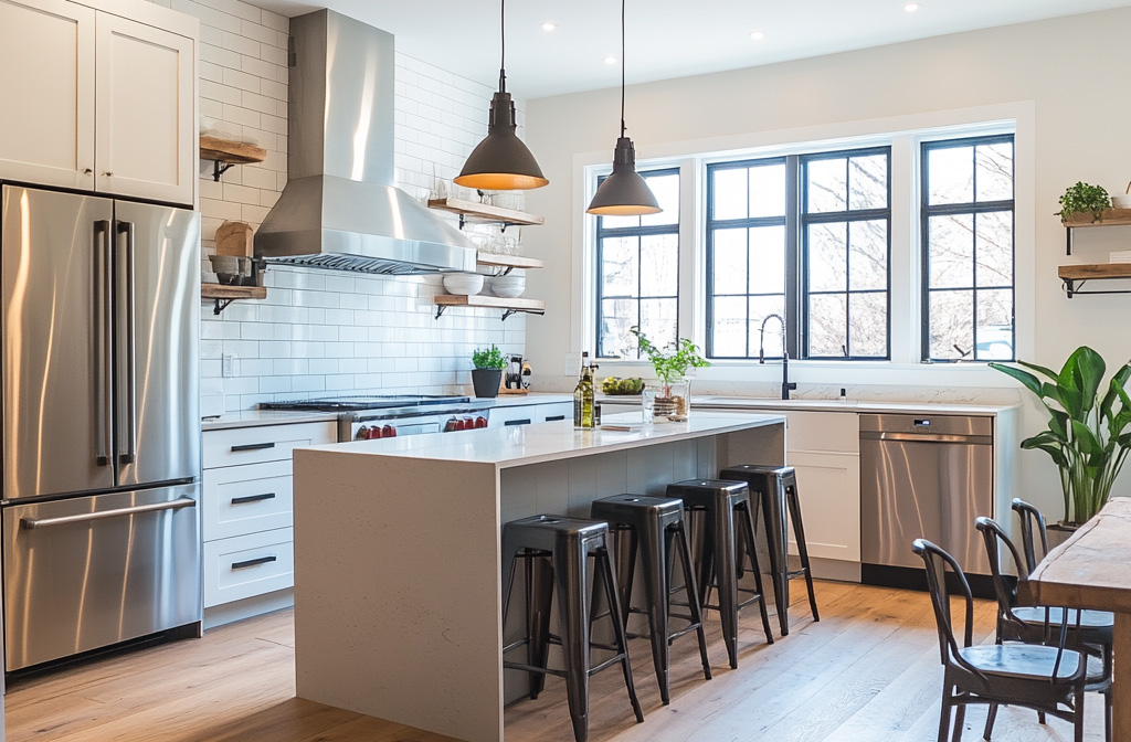 Bright open kitchen with subway tiles, big pendent lights, large island and stainless steal appliances.