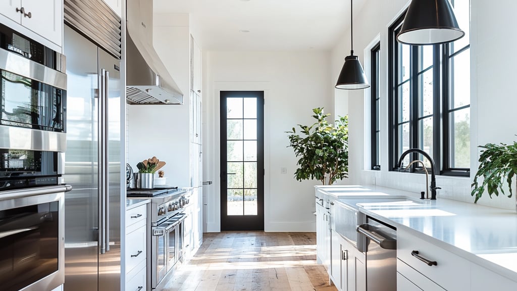 A bright kitchen remodel with stainless appliances with white cabinets and hardwood floors