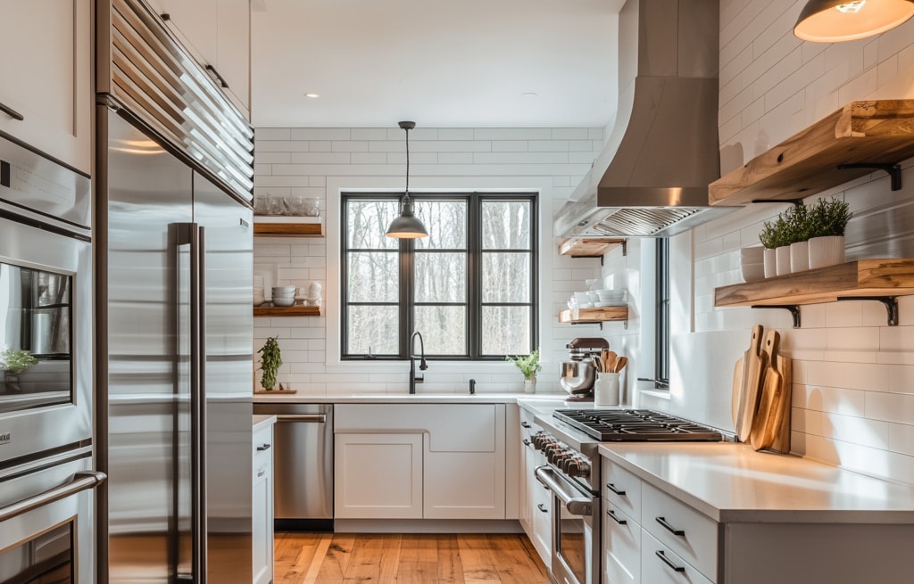 A kitchen with a window, bright lights, stainless steel appliances and hardwood floors.