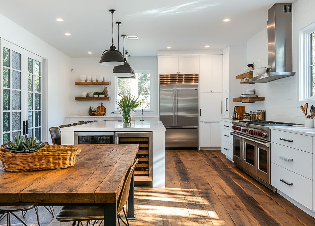 A open kitchen dining room with huge island, dark pendent lights, and dark hardwood floors.