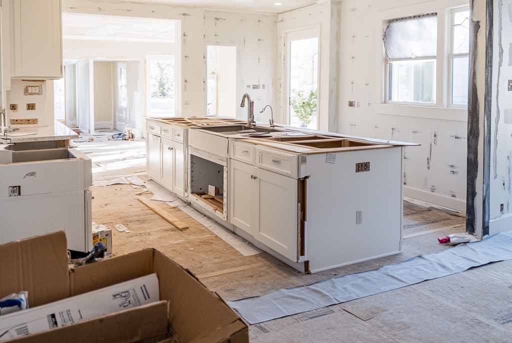 A bright kitchen going through the farmhouse transformation.