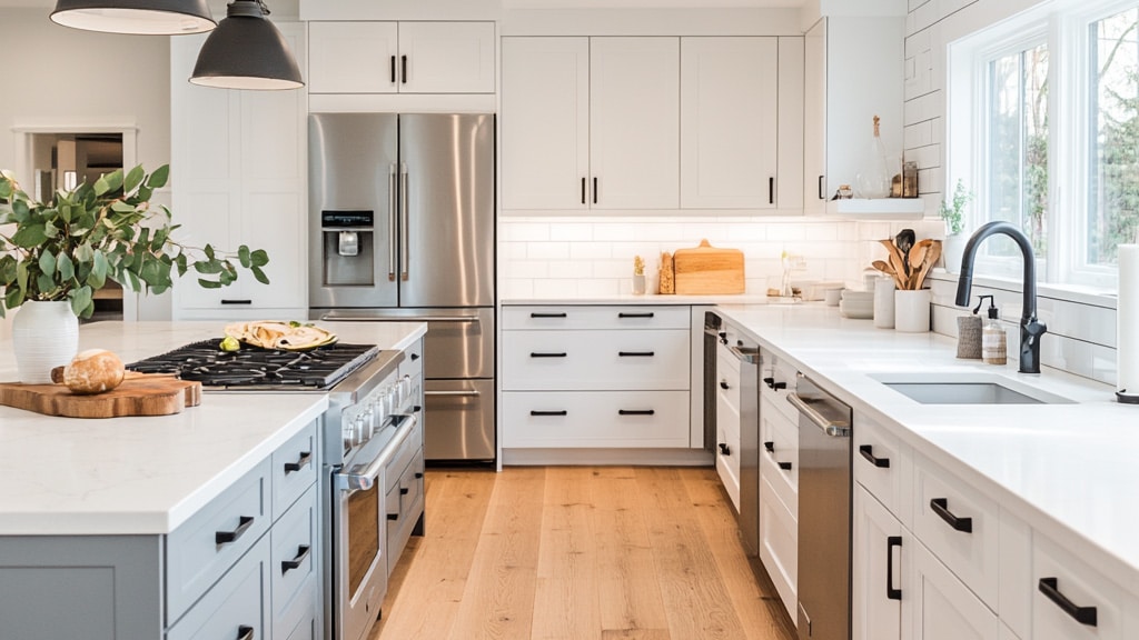 Kitchen remodeling trends. Beautiful, bright kitchen with wood floor and stainless steal flooring.