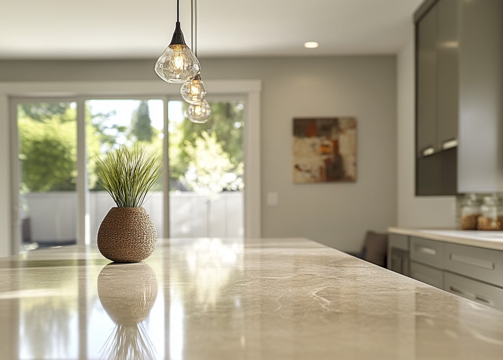 Kitchen remodel with granite countertops with light shining through.