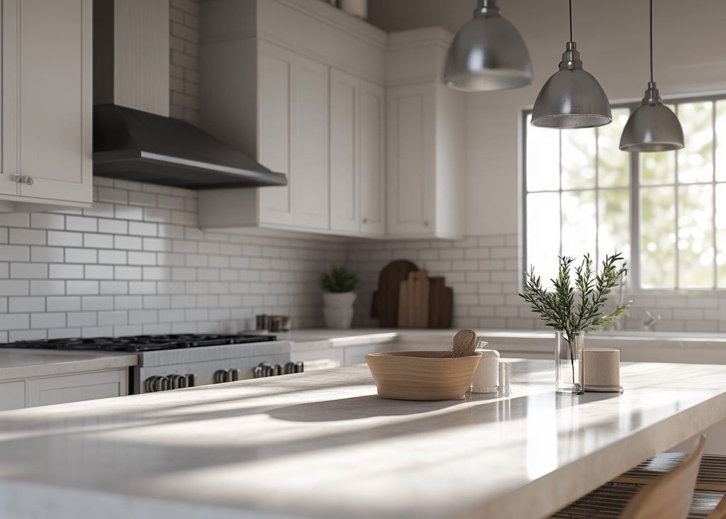 Kitchen remodel with bright light coming through new windows.