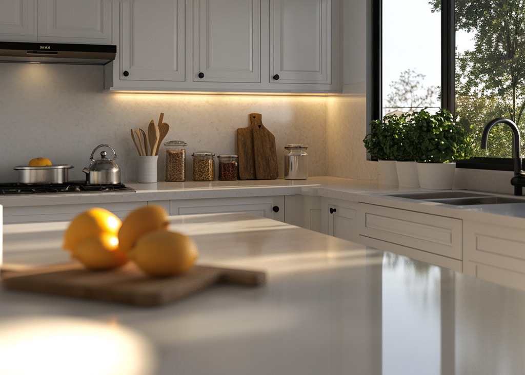 Morning light shinning through kitchen remodel.