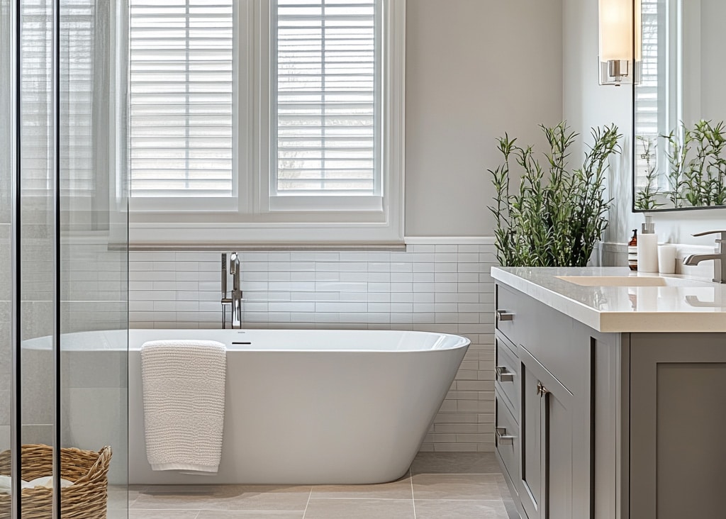 Sleek, modern bathroom remodel with neutral colors and tones. 