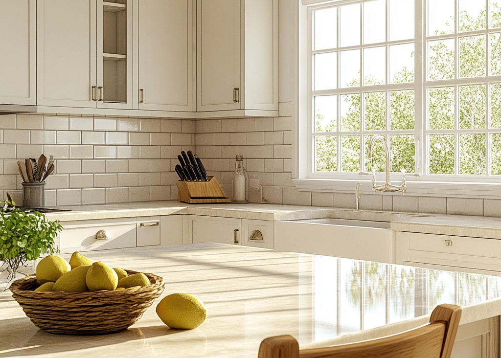 Morning light streaming in from big windows in kitchen remodel.