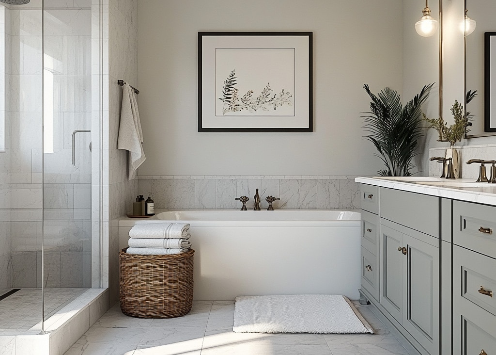 Bright bathroom remodel with neutral tones and colors.