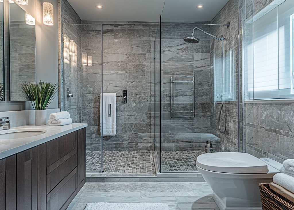 Bathroom remodel witha big shower.