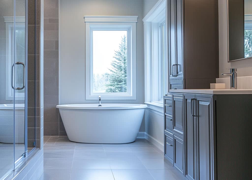 Bathroom remodel with dark cabinets.