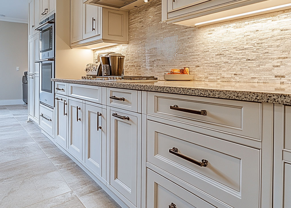 Traditional kitchen cabinets with under cabinet lighting.