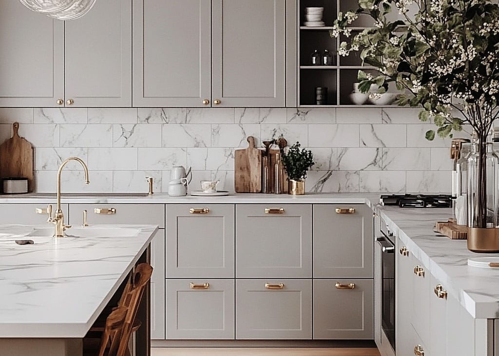 Trendy, white, gold finishings on kitchen cabinets.