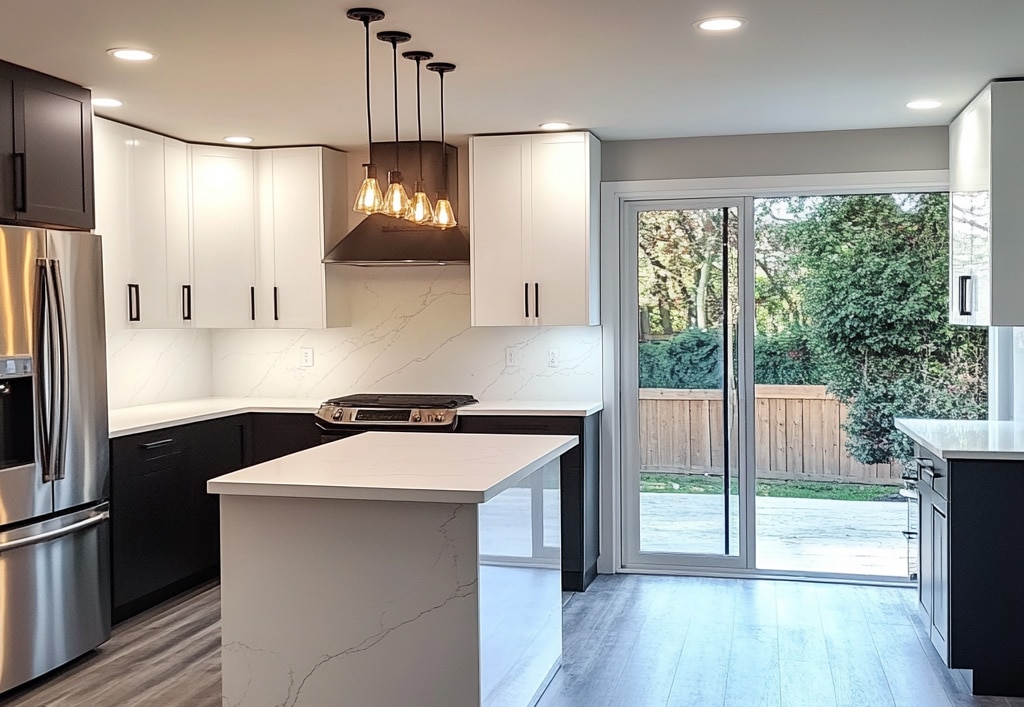 Bright modern kitchen with access to outside.