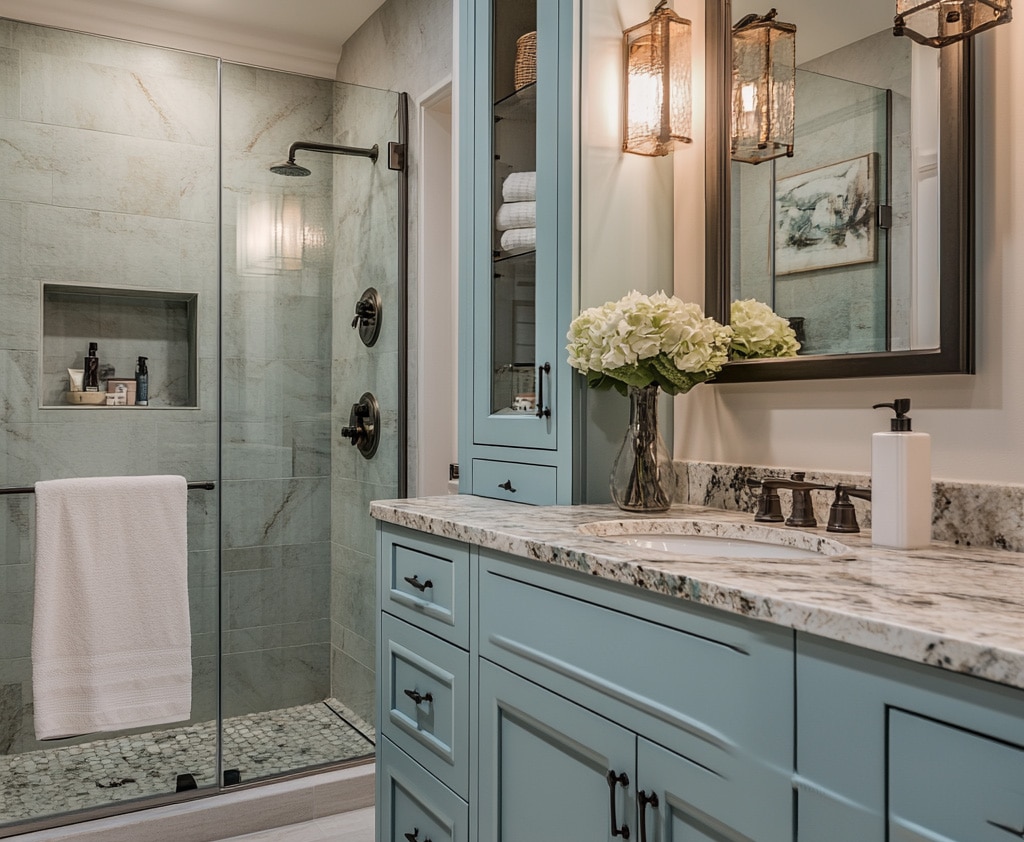 Farmhouse style walk-in shower with modern finishes.