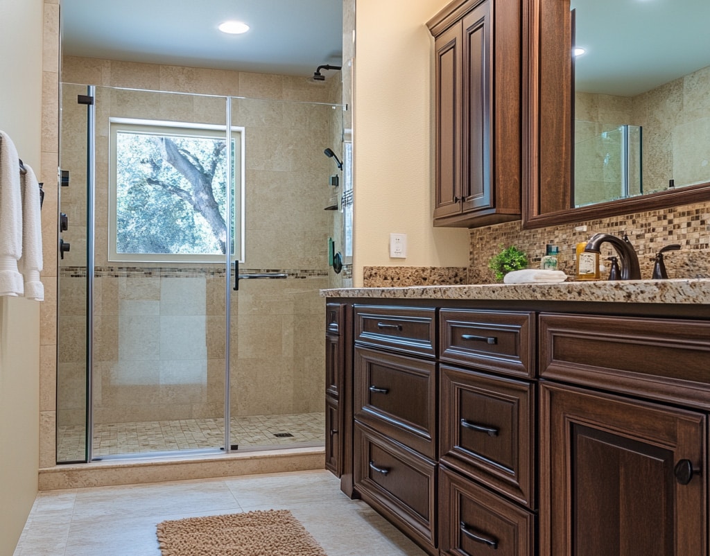 Massive walk-in shower with bright light.