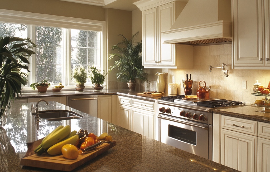 Traditional, modern kitchen with fruit on the counter.