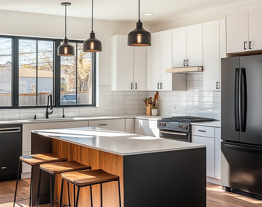 Sleek, modern kitchen with big widows.