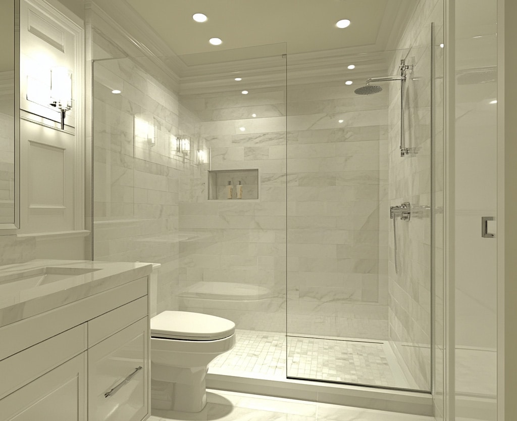 Sleek, modern, white walk-in shower.