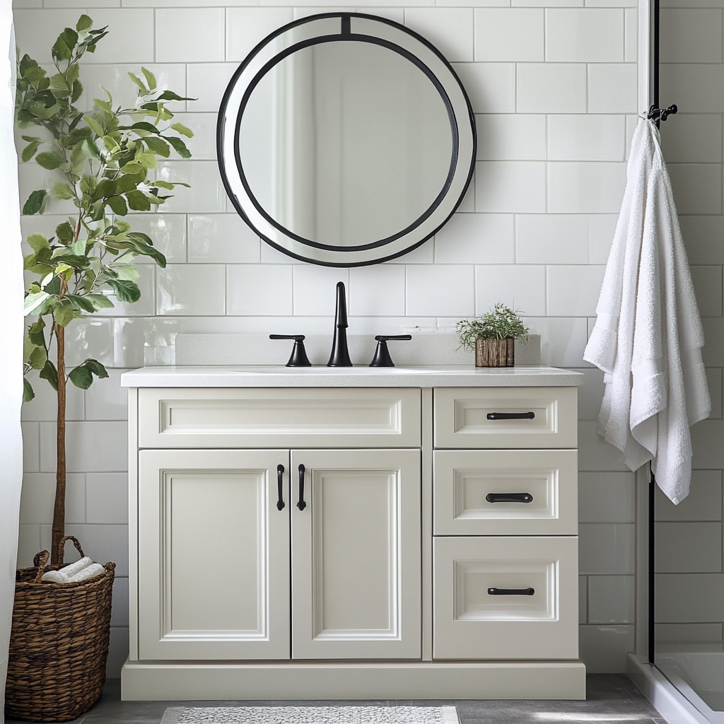 Bright, white small luxurious bathroom vanity.