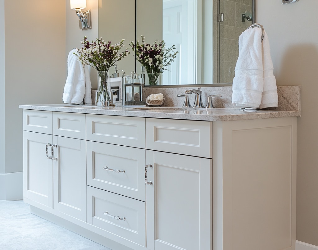 Traditional and sleek white luxurious bathroom vanity.