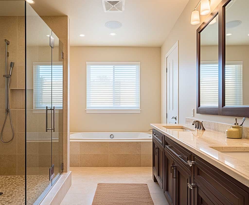 Bathroom remodel in High Point NC with dark wood cabinets.