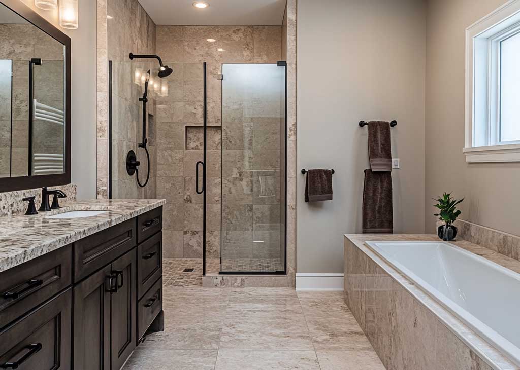 Bathroom remodel in High Point NC with dark tile.