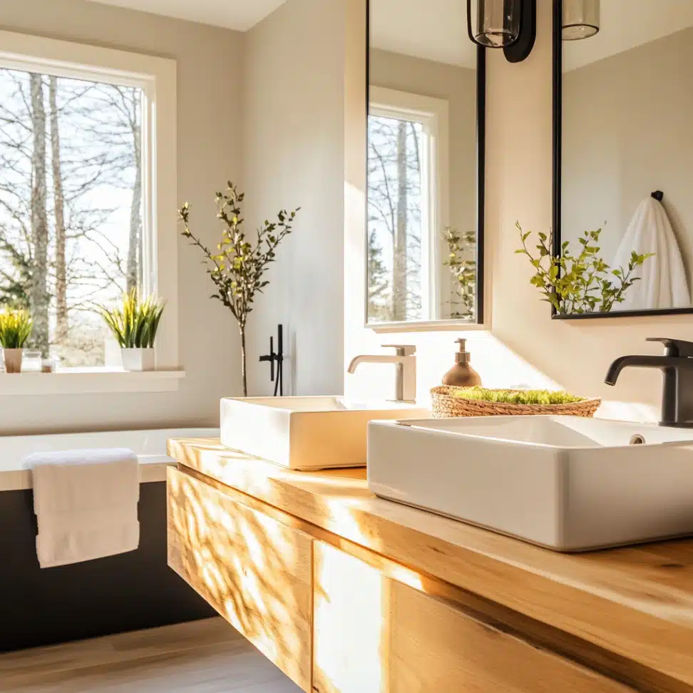 Warm, inviting bathroom with big sinks on top of the vanity.