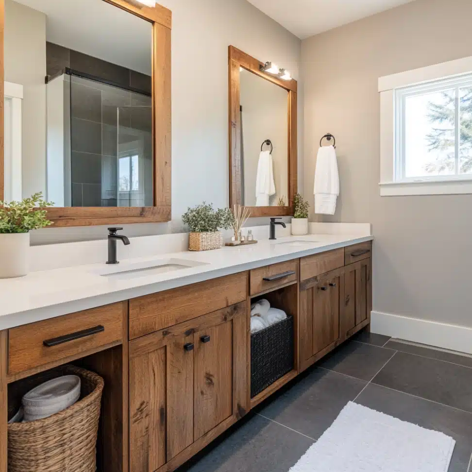 Beautiful bath vanity with natural wood and dark finishes. 