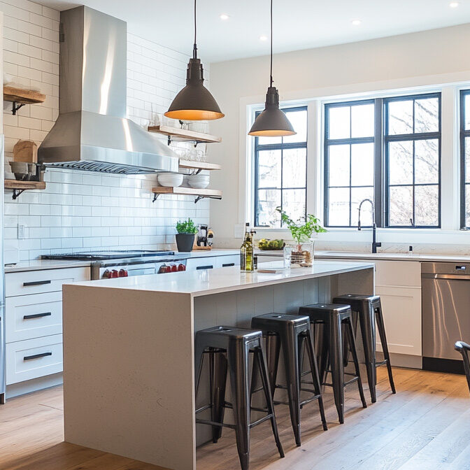 Bright open kitchen with subway tiles, big pendent lights, large island and stainless steal appliances.